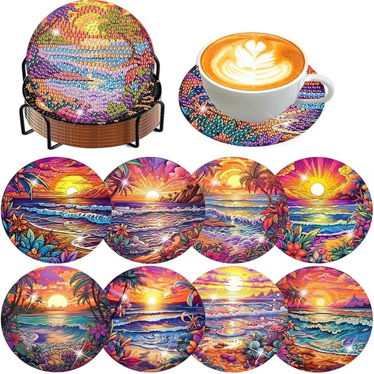 Resin Art Coasters - 8-teiliges Set Diamant-Bemalte Untersetzer aus Acryl